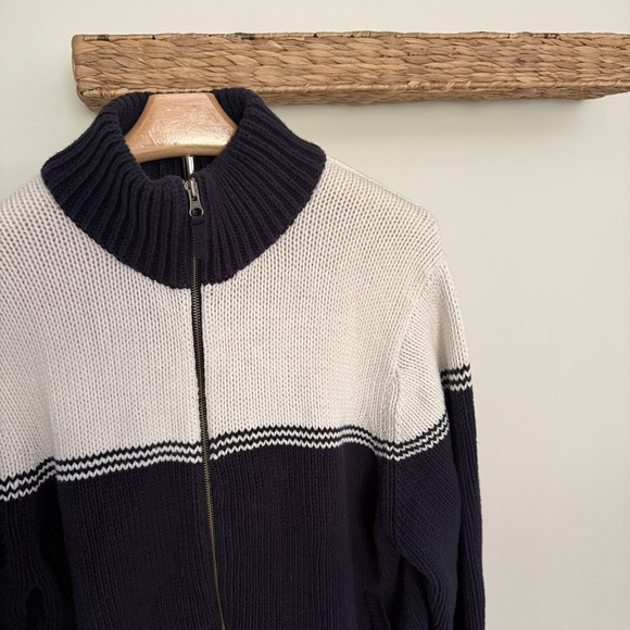 Eddie Bauer Men’s XL Zip Cardigan Sweater Navy Cream Colorblock Full Zip Vintage - Picture 3 of 8